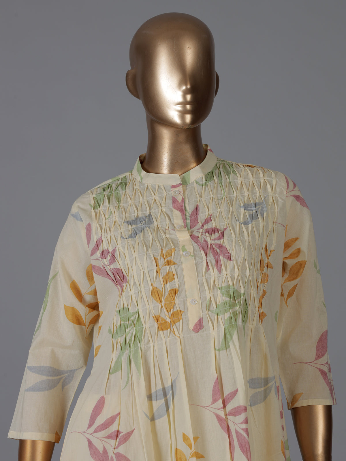 Cream cotton floral printed kurti pant dupatta set