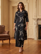 Black cotton silk printed palazzo kurti dupatta set