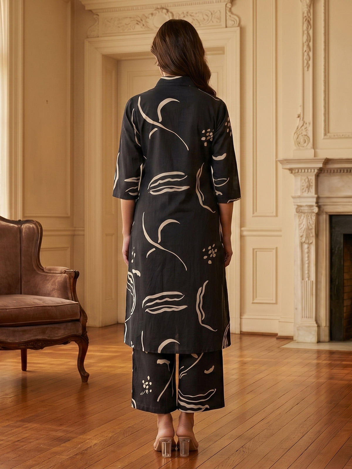 Black cotton silk printed palazzo kurti dupatta set