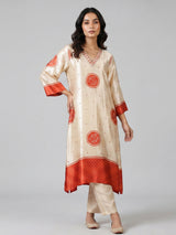 Cream orange mulmul silk printed kurti set