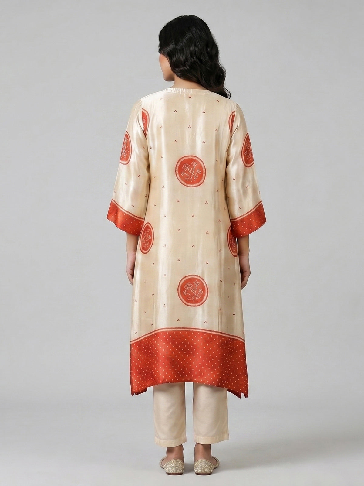 Cream orange mulmul silk printed kurti set