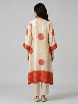 Cream orange mulmul silk printed kurti set
