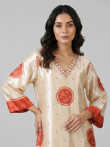 Cream orange mulmul silk printed kurti set