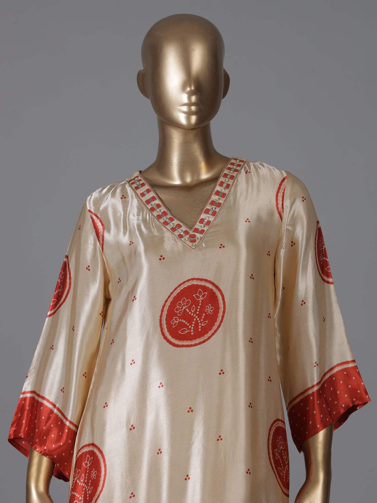 Cream orange mulmul silk printed kurti set