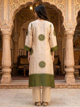 Cream green mulmul silk printed kurti set