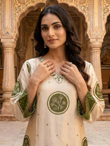 Cream green mulmul silk printed kurti set