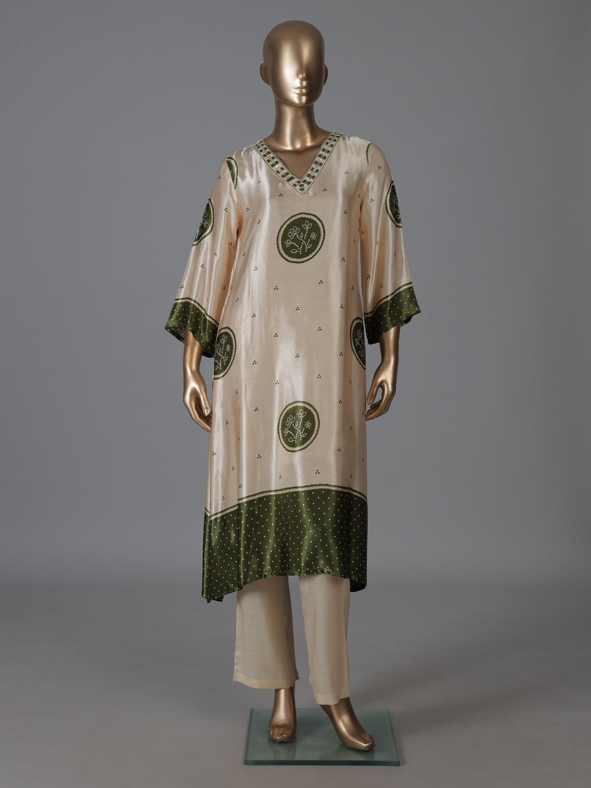 Cream green mulmul silk printed kurti set