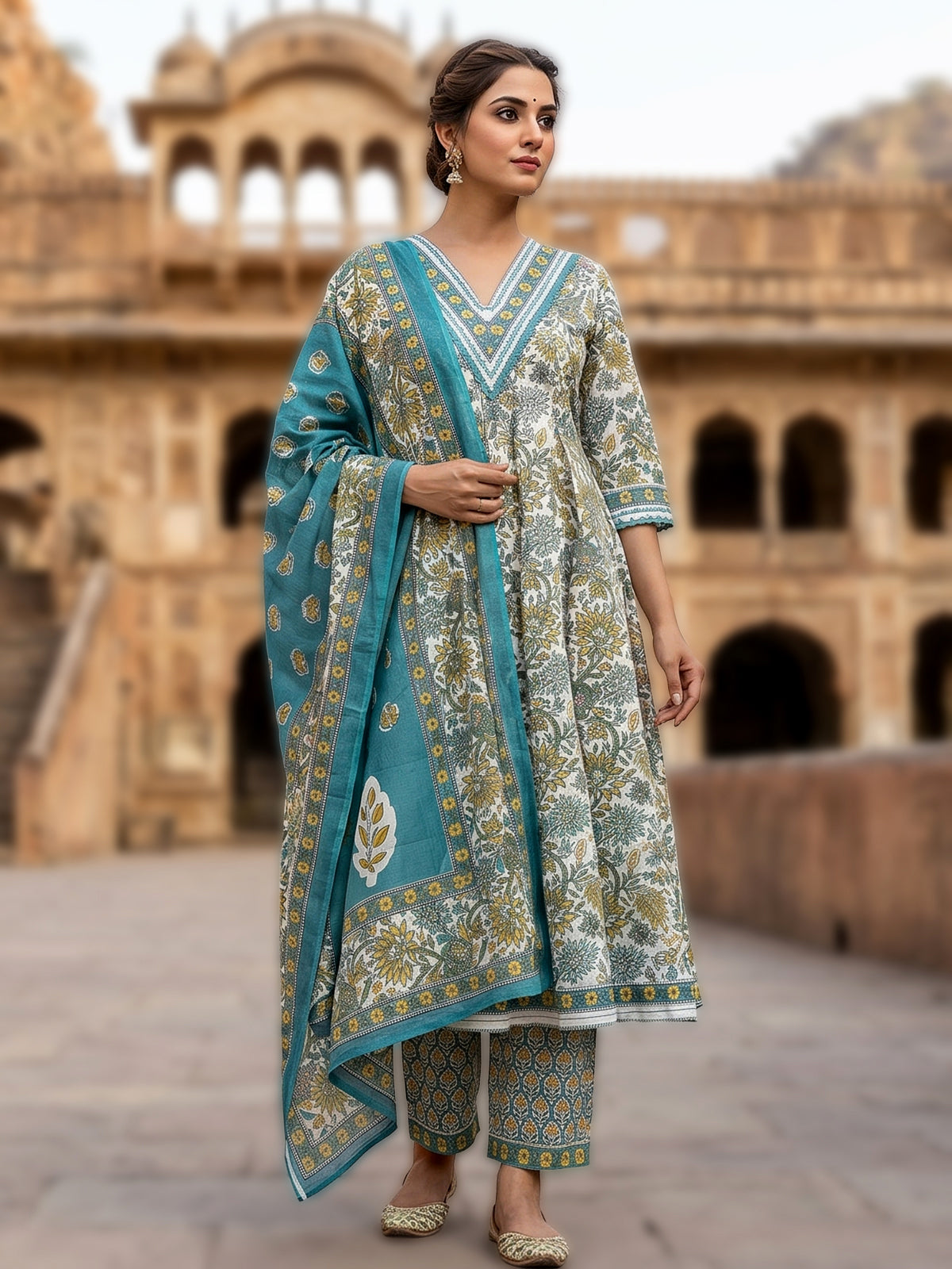Firozi blue cotton floral printed palazzo kurti set