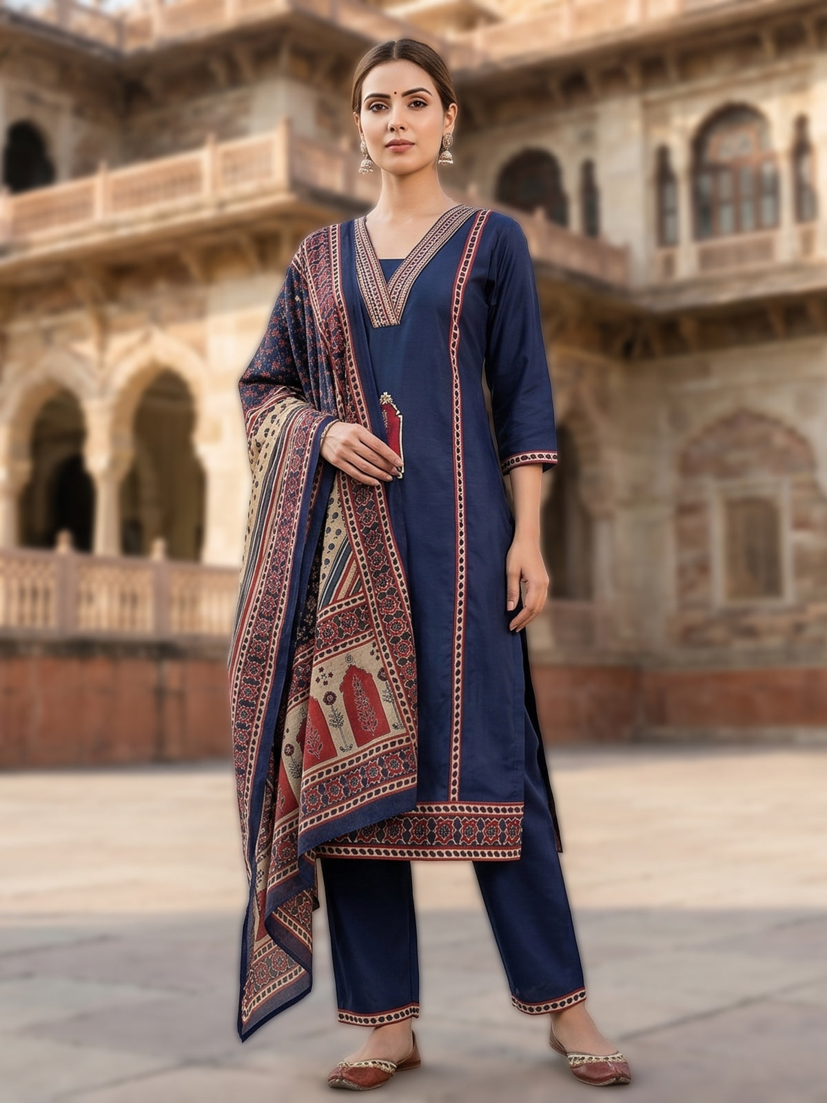 Navy cotton straight cut kurti dupatta set