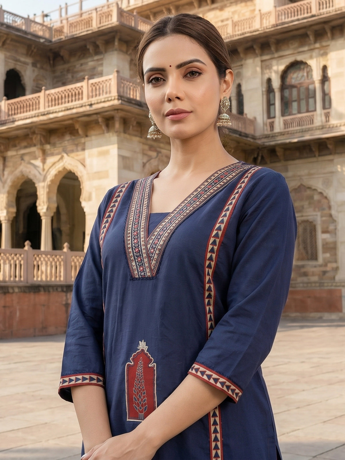 Navy cotton straight cut kurti dupatta set