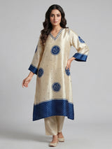 Cream blue mulmul silk printed kurti set
