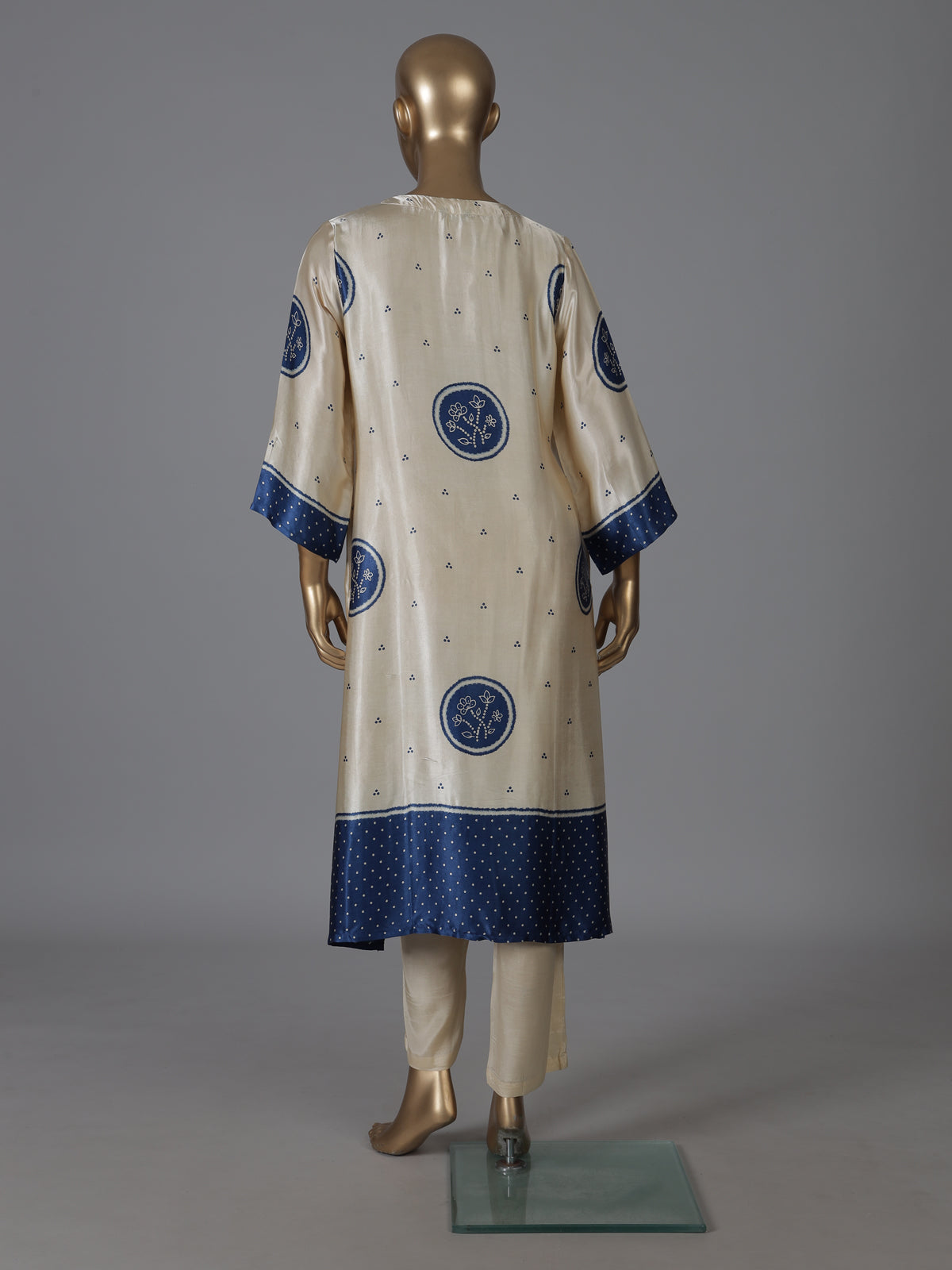 Cream blue mulmul silk printed kurti set