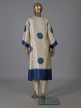 Cream blue mulmul silk printed kurti set