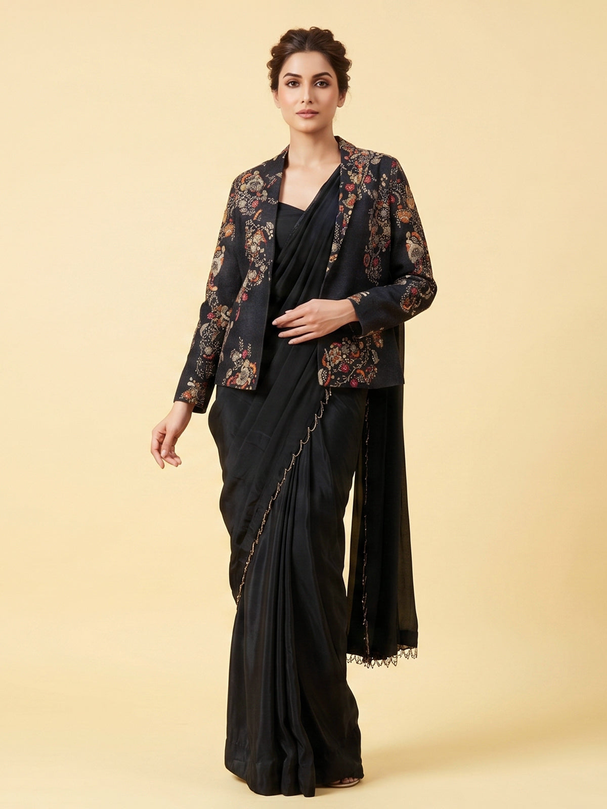 Black dola silk designer ready to wear saree with embellished jacket style