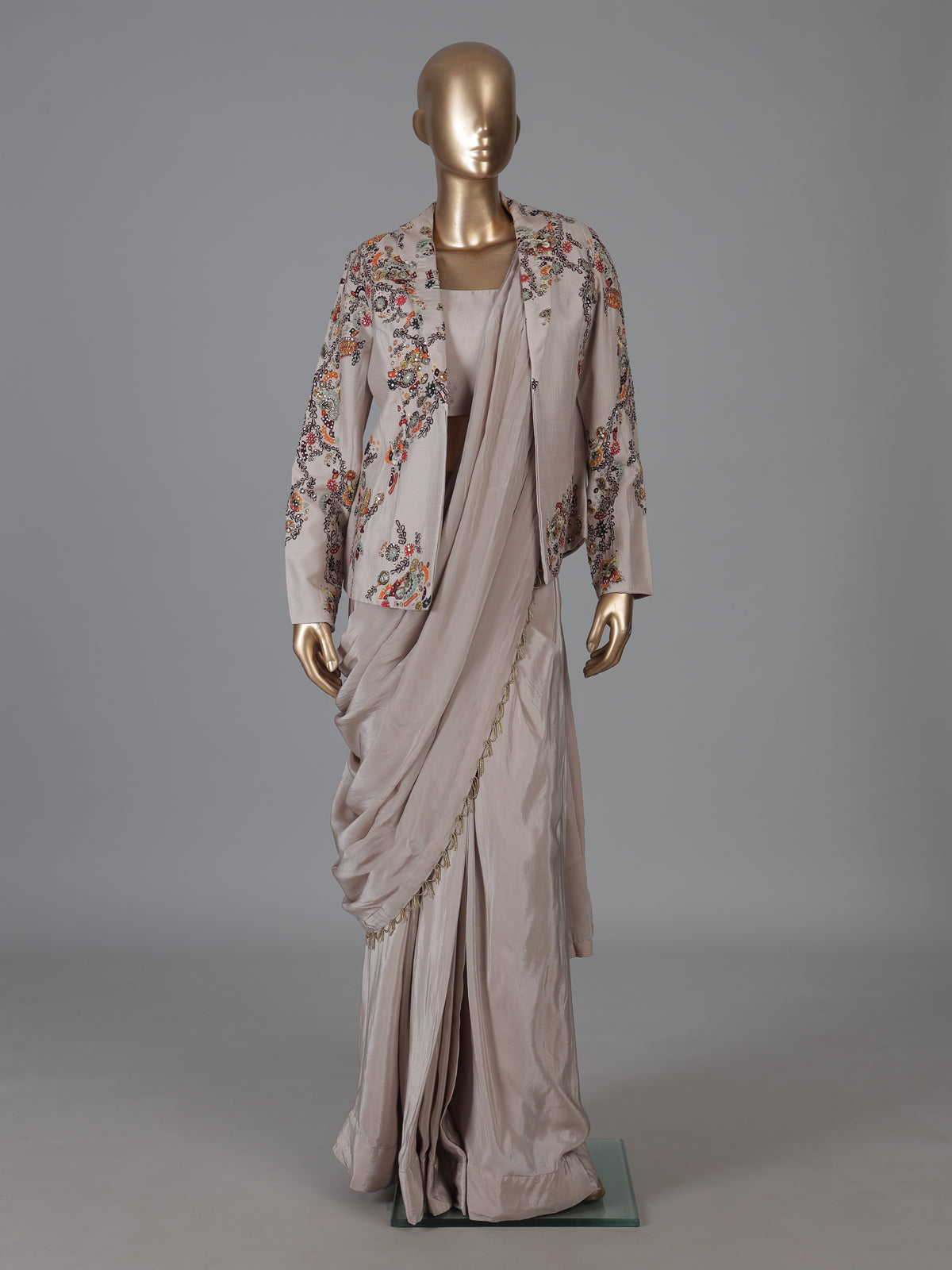 Beige dola silk designer ready to wear saree with jacket style