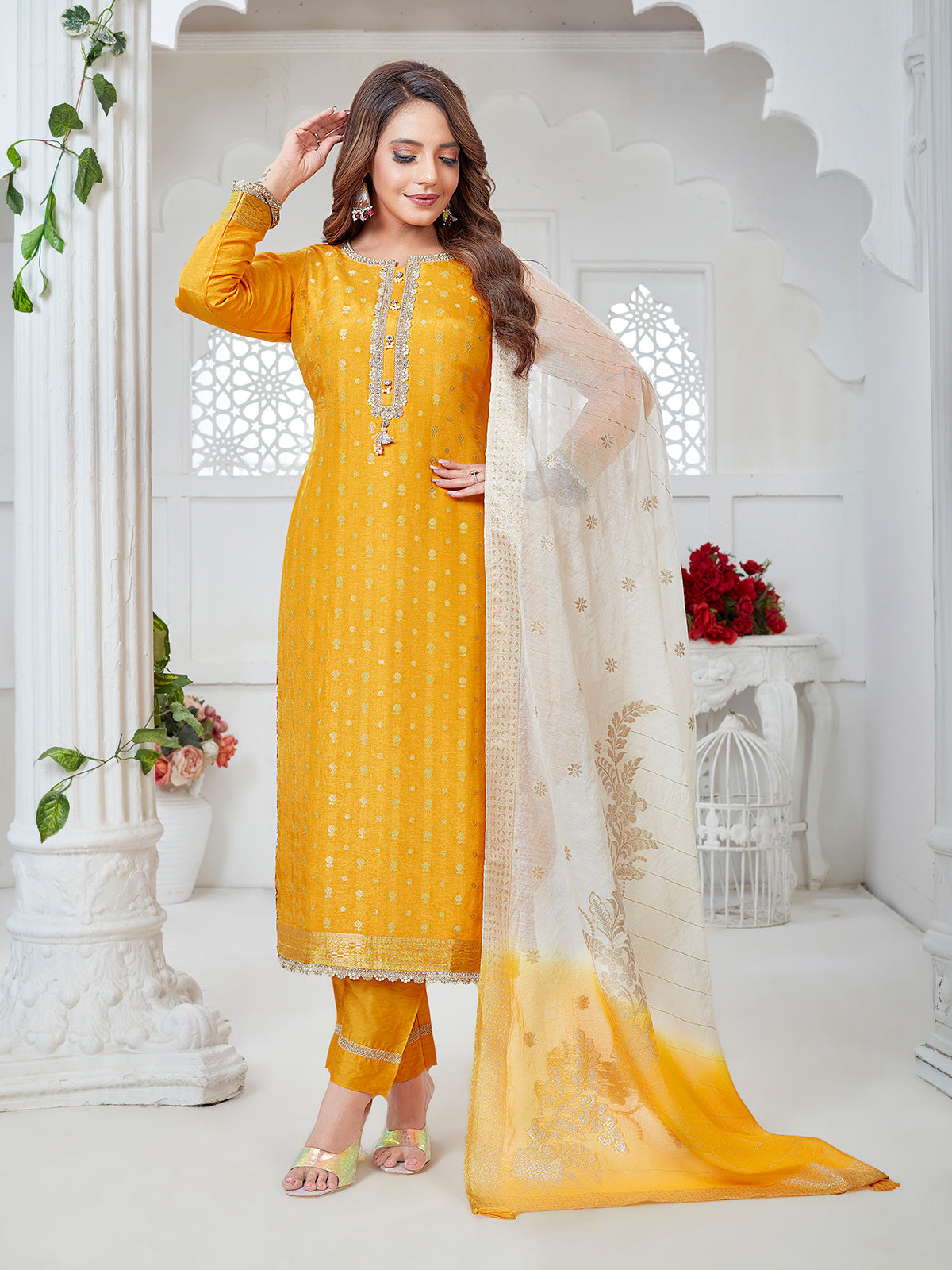 Mustard yellow silk straight cut suit with pearl work