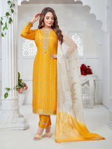 Mustard yellow silk straight cut suit with pearl work