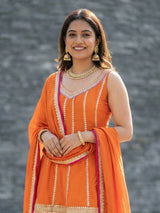 Orange cotton silk dhoti suit with embroidery work