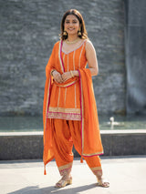 Orange cotton silk dhoti suit with embroidery work