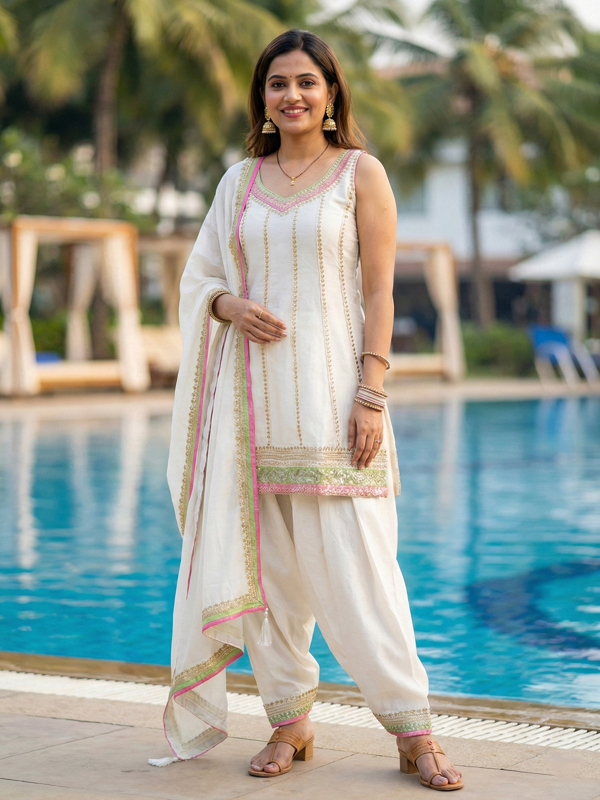 White cotton silk dhoti suit with zari work