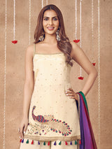 Cream silk palazzo suit with peacock motif design