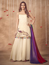 Cream silk palazzo suit with peacock motif design