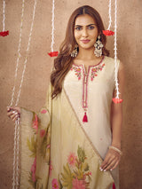 Off white silk straight suit with mirror embellishments