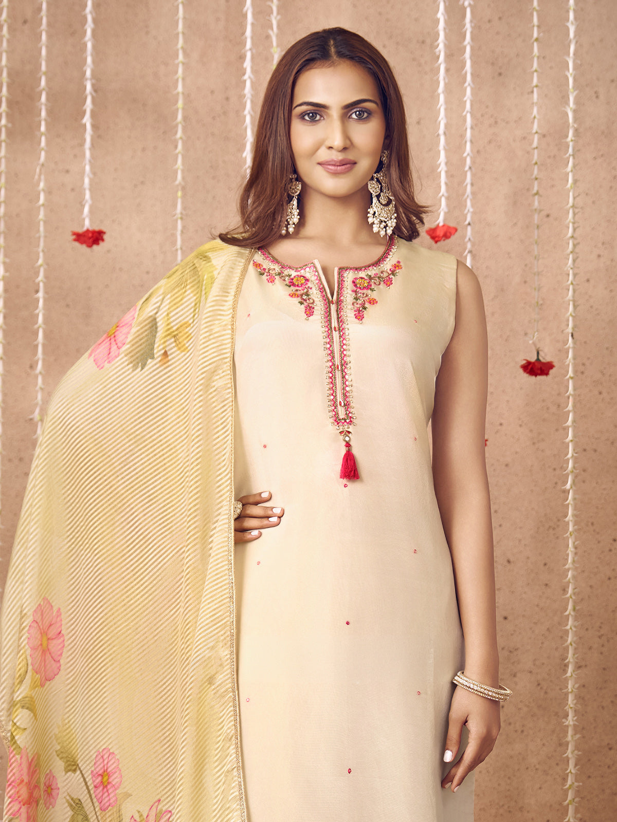 Off white silk straight suit with mirror embellishments