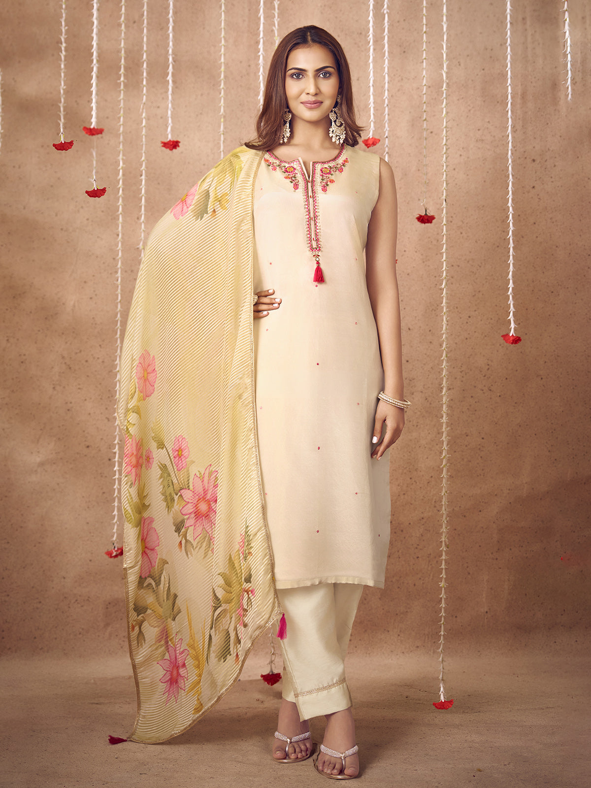 Off white silk straight suit with mirror embellishments