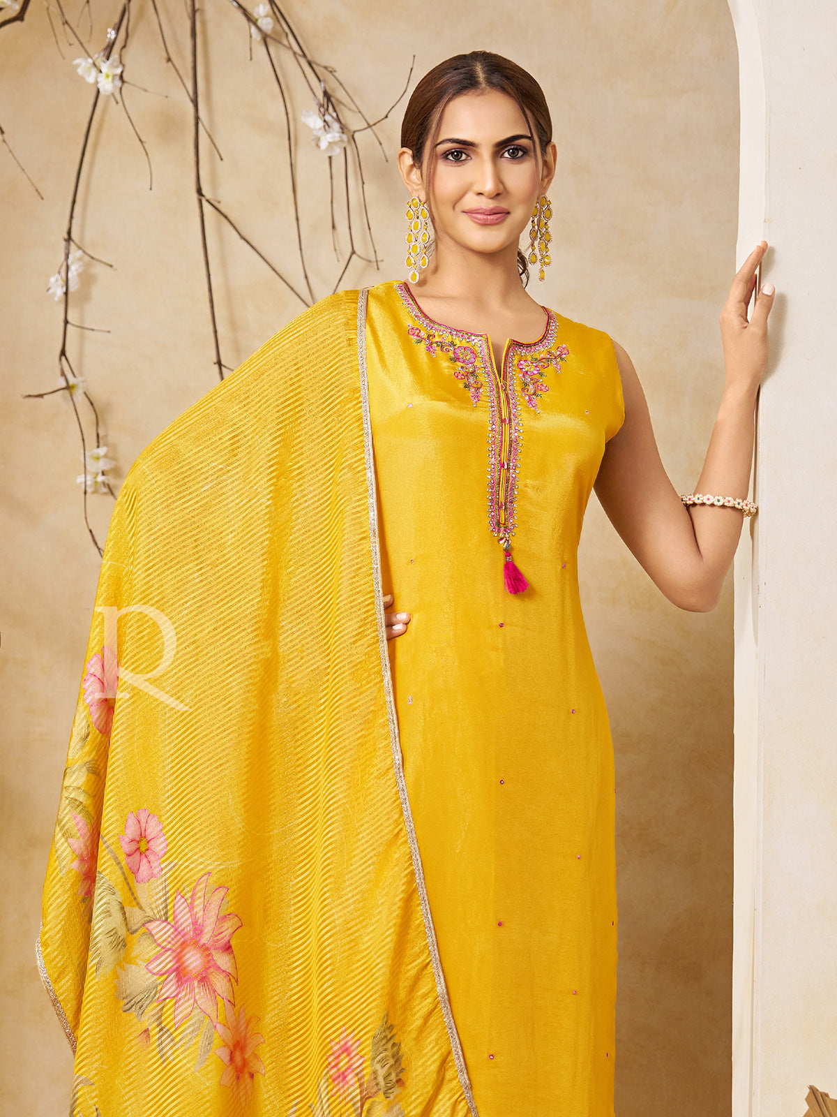 Mustard silk straight cut suit with zardosi embellishments
