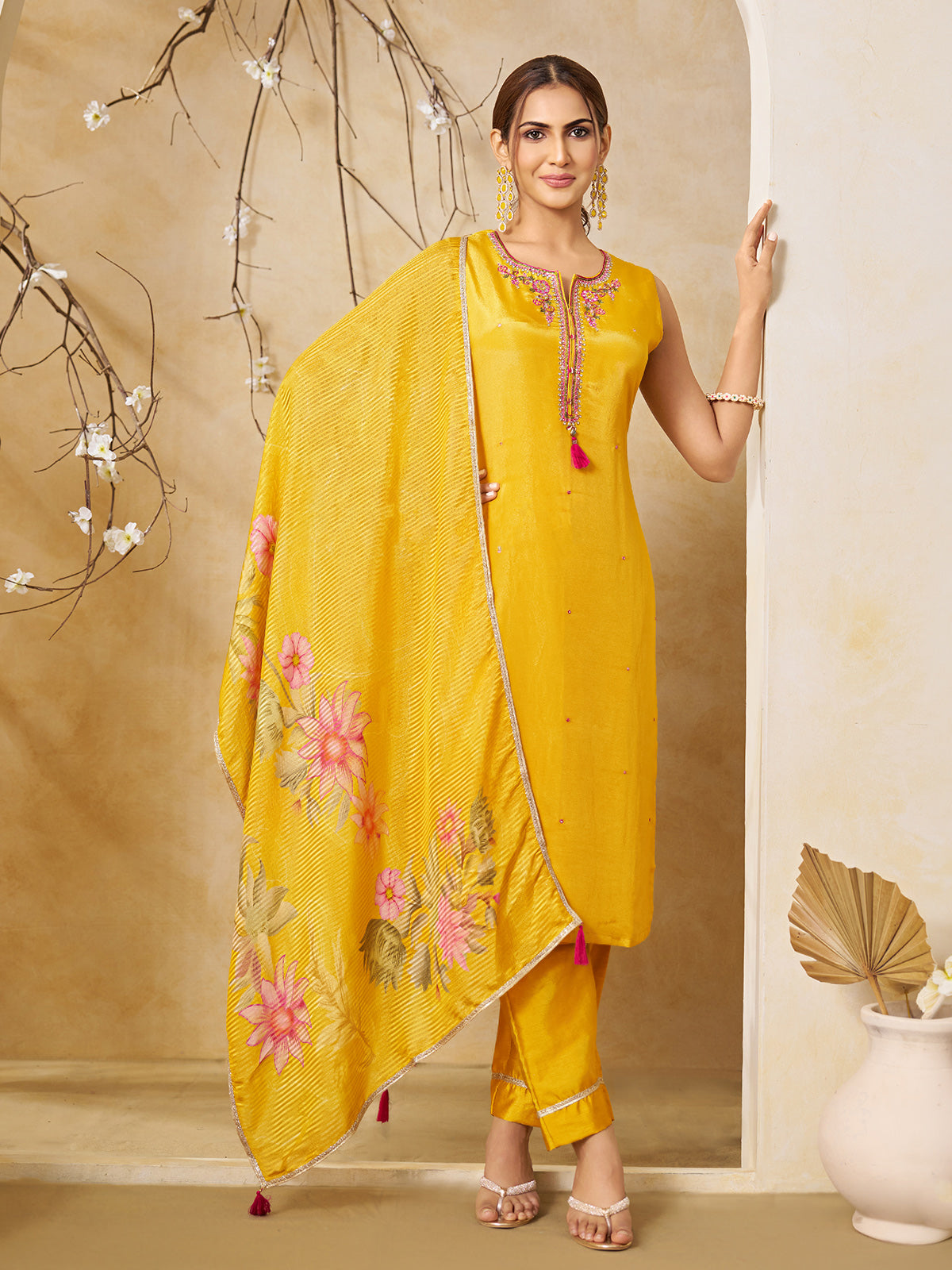 Mustard silk straight cut suit with zardosi embellishments