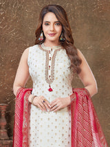 Off white silk straight salwar suit with stand collar
