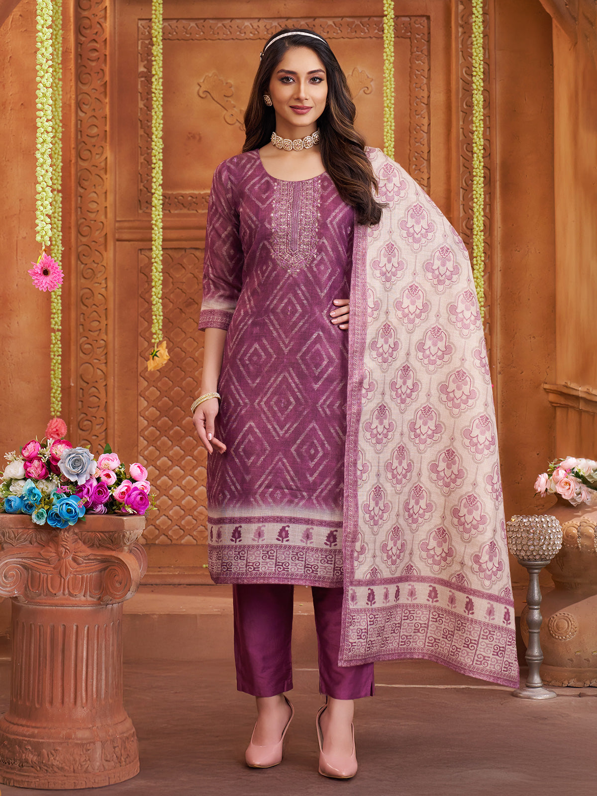 Wine cotton linen straight salwar suit with sequin work
