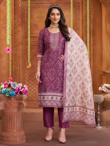 Wine cotton linen straight salwar suit with sequin work