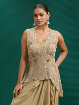 Elegant golden draped dhoti skirt fusion ensemble