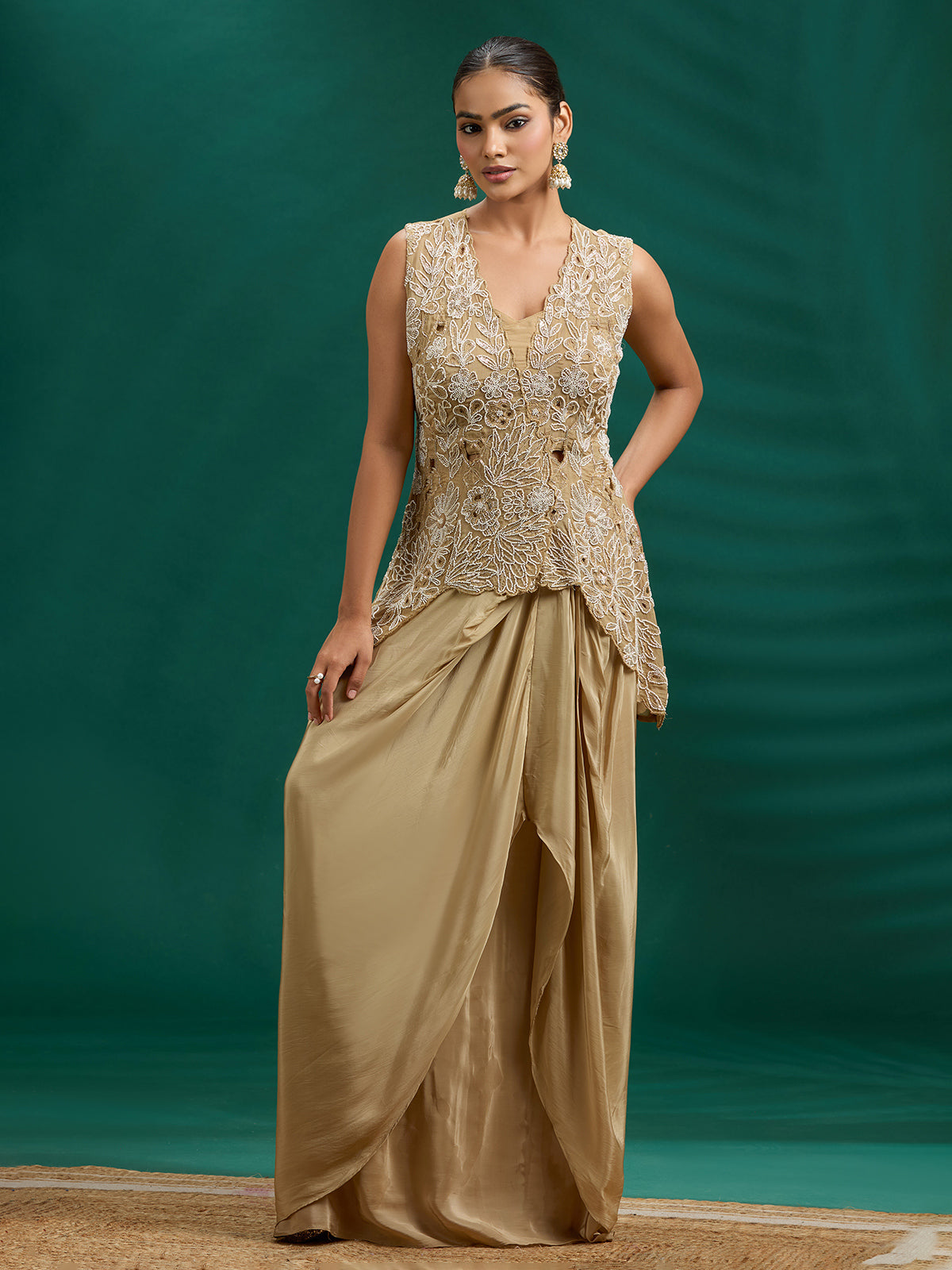 Elegant golden draped dhoti skirt fusion ensemble
