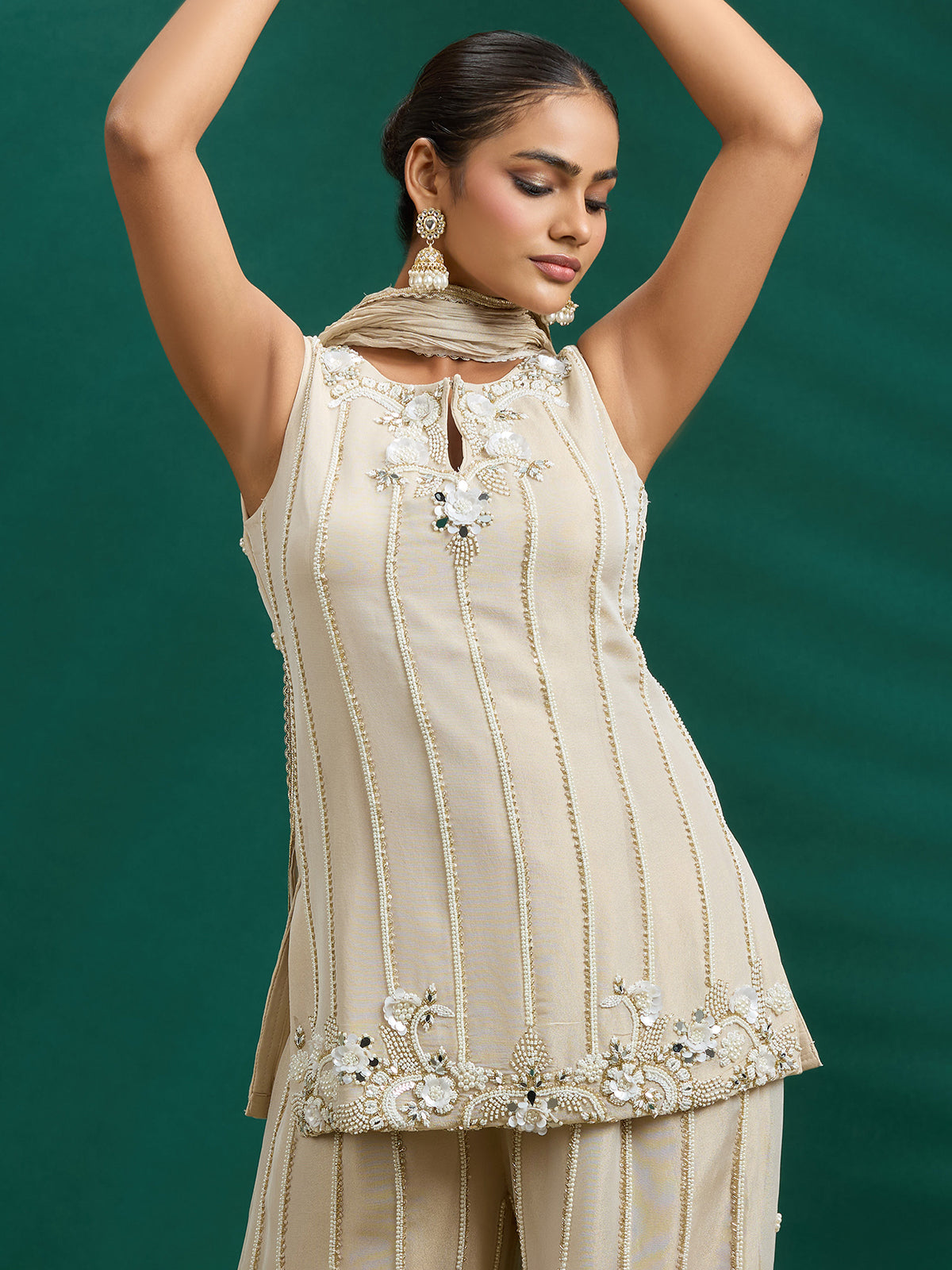 Subtle cream silk palazzo set with refined embellishments