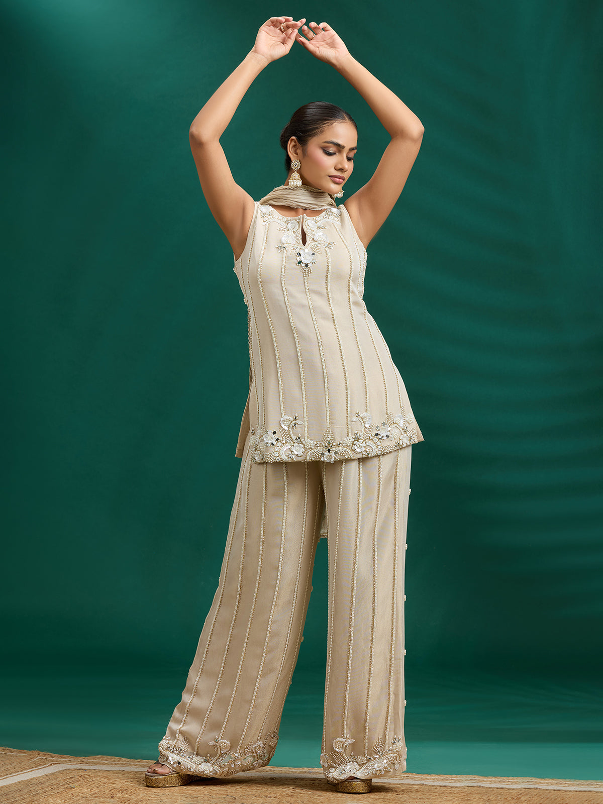 Subtle cream silk palazzo set with refined embellishments