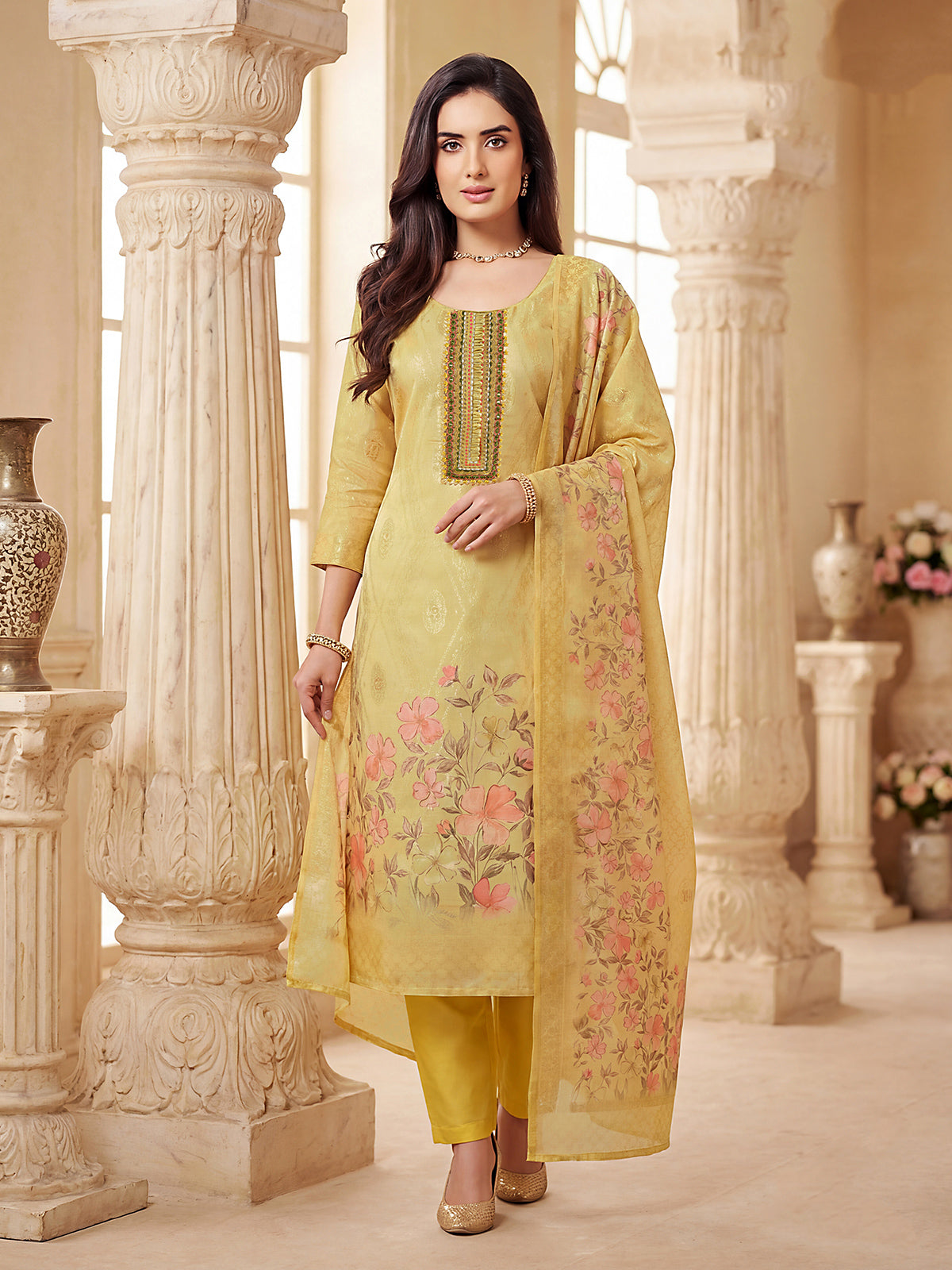 Light yellow cotton silk salwar suit with zari work