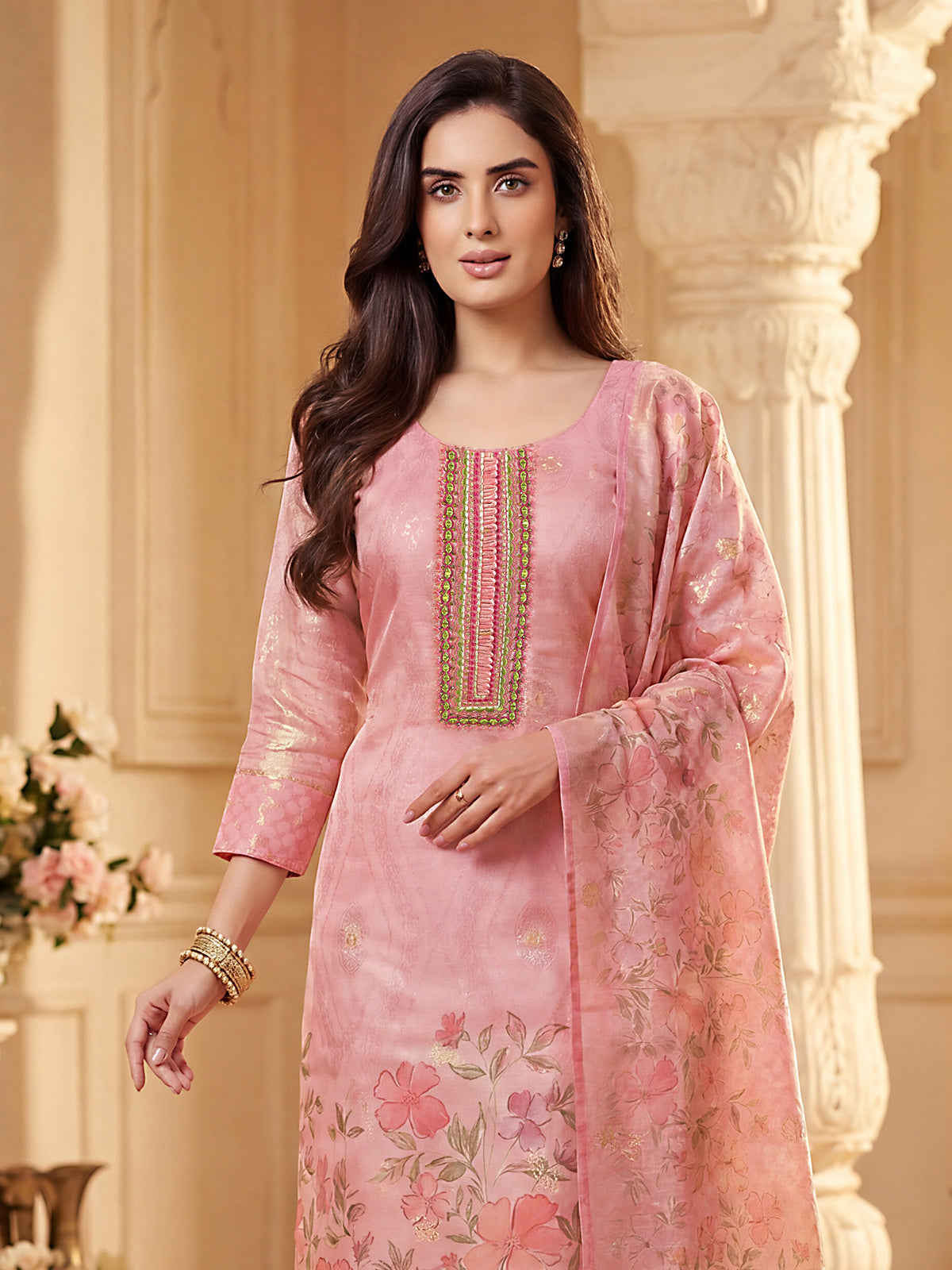 Pink cotton silk straight cut salwar suit with floral prints