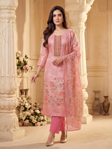 Pink cotton silk straight cut salwar suit with floral prints