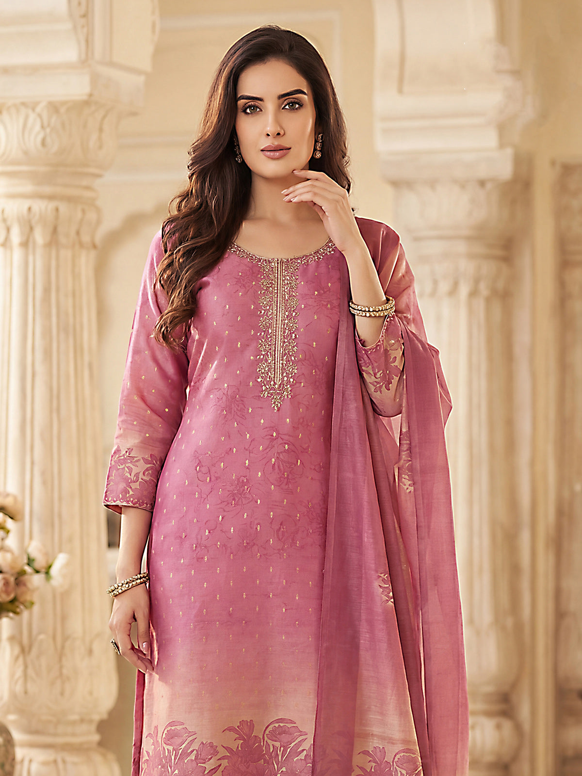Pink silk straight salwar suit with cutdana embellishments