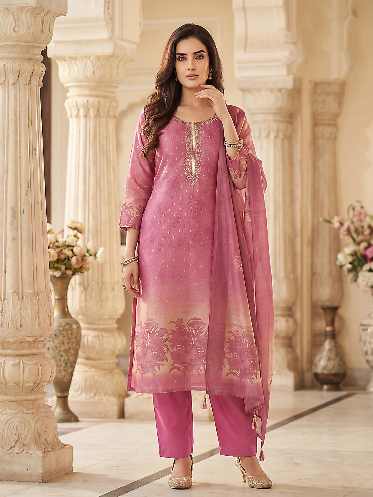 Pink silk straight salwar suit with cutdana embellishments