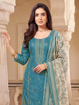 Blue silk straight salwar suit with sequin detailing