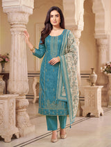 Blue silk straight salwar suit with sequin detailing