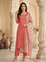 Peach silk straight cut salwar suit with floral dupatta