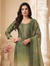 Green silk straight cut salwar suit with festive embellishments