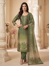 Green silk straight cut salwar suit with festive embellishments