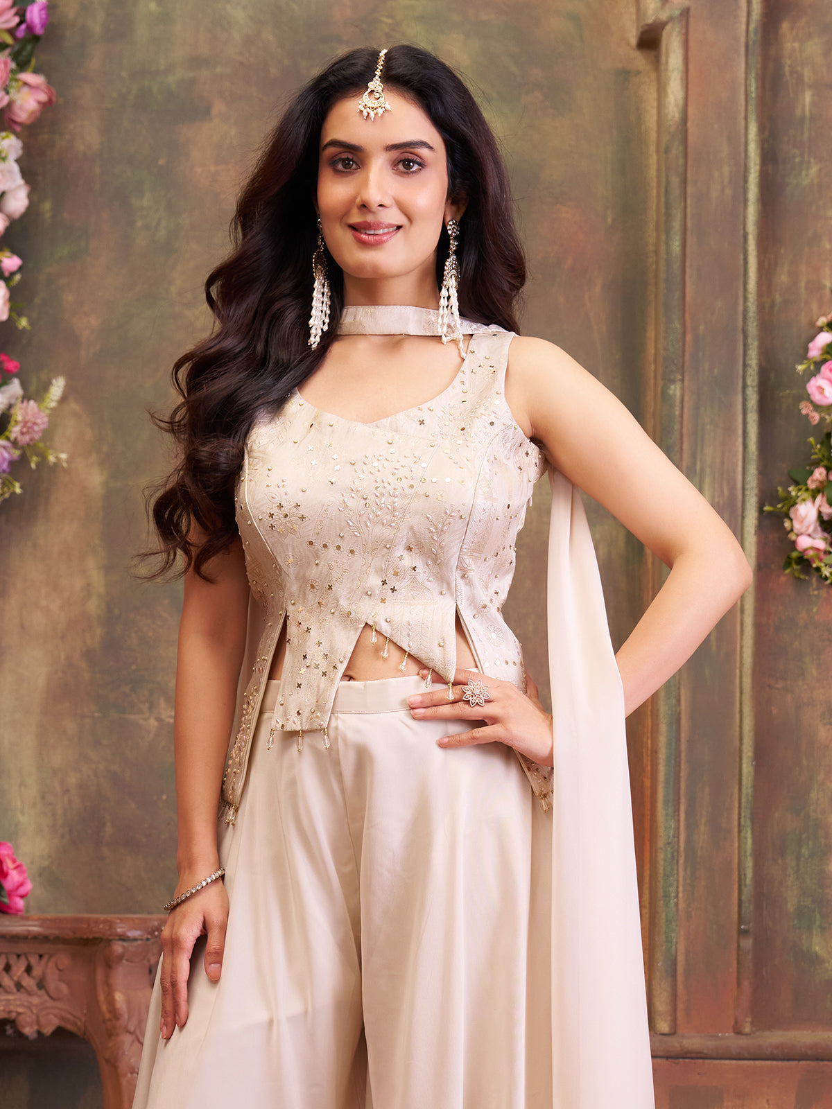 Off white silk palazzo suit with delicate zari accents