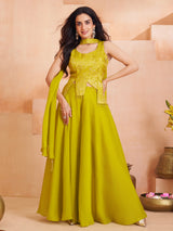 Light green silk palazzo suit with shimmering tassels